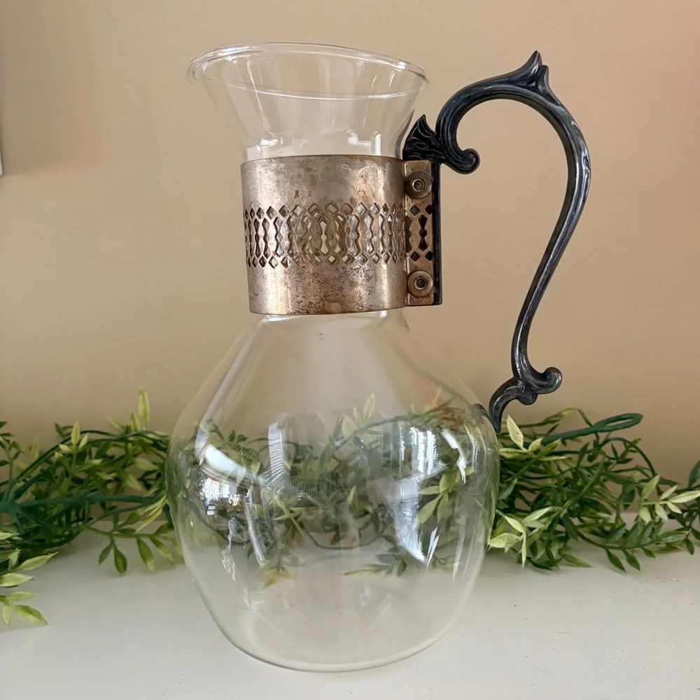 Vintage Corning Glass Coffee or Tea Carafe Pitcher with Metal Collar and Handle